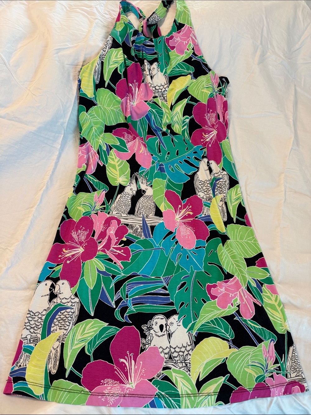 Tori Richard Black Dress with Pink and Green Tropical Floral Print